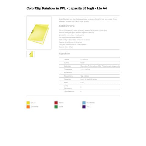 Cartelline di archiviazione con clip max 30 fogli Leitz COLOR CLIP Rainbow in PPL A4 giallo - 41760115